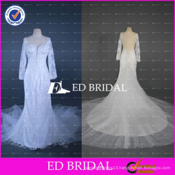 ED Bridal Sexy Backless Lace Appliqued Floor Length Mermaid Wedding Dress With Sleeves 2017